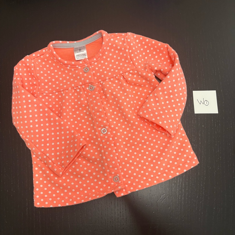 ⭐️2/$5.00⭐️ Carter's  6m Peach and White Cardigan with White Polka Dots